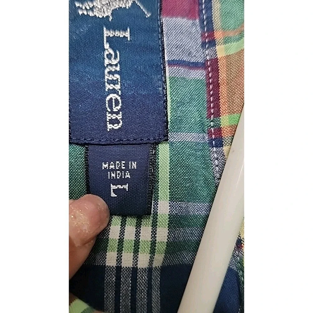 Ralph Lauren Shirt Men L Green Pink Multi Plaid Button Up Classic Fit Short Slee